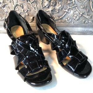 Michelle D Black Patent Leather Block Heel Sandals